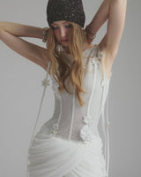 flower embellished puff hem slim mini dress in white