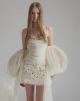 Sequined embellished organza mini dress in white