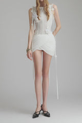 flower embellished puff hem slim mini dress in white