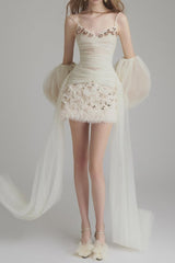 Sequined embellished organza mini dress in white