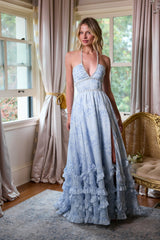 yvonne rhinestone embellished print layer maxi Dress in Blue