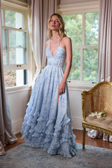 yvonne rhinestone embellished print layer maxi Dress in Blue