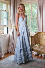 yvonne rhinestone embellished print layer maxi Dress in Blue