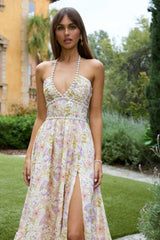 yvonne rhinestone embellished print layer maxi Dress in yellow