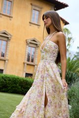 yvonne rhinestone embellished print layer maxi Dress in yellow