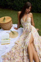 yvonne rhinestone embellished print layer maxi Dress in yellow