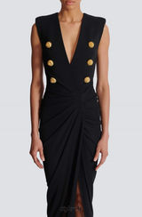 Deep-V Sleeveless Ruched Slit Maxi Dress in black