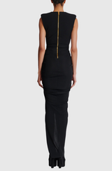 Deep-V Sleeveless Ruched Slit Maxi Dress in black