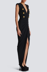 Deep-V Sleeveless Ruched Slit Maxi Dress in black