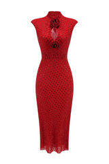 Sharrie Flower Rhinestone Embellished Fishnet Midi Dress