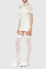 hazel One Shoulder Floral Mesh Ruched Mini Dress in white