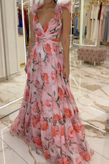 Floral Print Ruffled Backless Maxi Dress in Pink