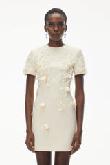 Ivory Round Neck Mini Dress with Floral Applique