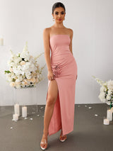 Stereo Flower Ruched Slit Hem Tube Dress