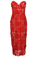 FLORAL EMBROIDERED MIDI DRESS IN RED