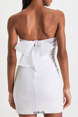 Stunning Situation White Velvet Strapless Organza Bow Mini Dress