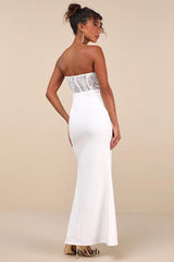 Sultry Persona White Lace Strapless Bustier Mermaid Maxi Dress