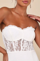 Sultry Persona White Lace Strapless Bustier Mermaid Maxi Dress