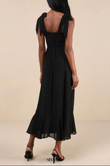 Summer Invite Black Tie-Strap Tiered Midi Dress