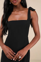 Summer Invite Black Tie-Strap Tiered Midi Dress