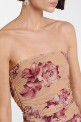 Taysia Floral Strapless Ruched Midi Dress