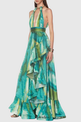 Halter Printed Cutout Ruffle Maxi Dress