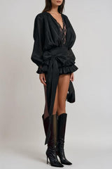 cornelia V Neck Lace Bow Mini Dress in black