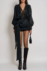 cornelia V Neck Lace Bow Mini Dress in black