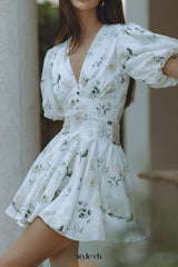venus v-neck floral print puff sleeve mini dress