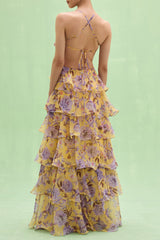 mavis Embroidered beaded hibiscus print halter neck long chiffon maxi dress - purple / yellow