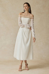 judith off-shoulder A-line Voile Midi Dress in white