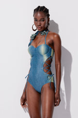 Yllka Lace Up Flower Halter Neck Denim Swimsuit