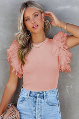 Black Dotty Mesh Ruffle Sleeve Ribbed Knit Top