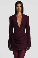 amelia v-neck ruched Blazer Mini Dress in Wine Red