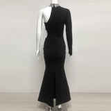 crystal embellished One-Sleeve Cut-Out Maxi Dress in black