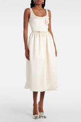 polly floral-appliqué satin midi dress in ivory