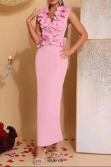 cynthia 3D Flower v-neck Sleeveless bodycon Maxi Dress in pink