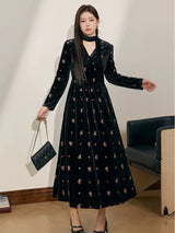yuri v-neck Floral Embroidered Velvet maxi Dress in black