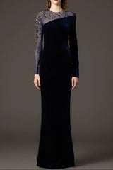 riva crystal patchwork Velvet Column maxi Dress in dark blue