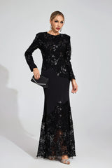 joanna Black long sleeve Embroidered Maxi Dress
