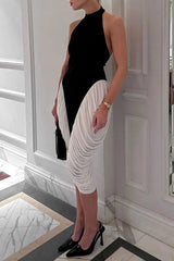 Colorblock Patchwork Sleeveless pleated midi Dress