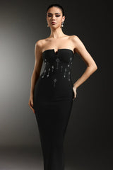 gina black strapless Diamond V-Neck Bandage Maxi Dress