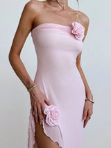 Strapless Lace Spliced Slit Bodycon Dress  in pink