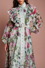 green Long Sleeve Printed Organza Shirt midi Dress