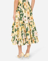 Camellia-print poplin midi dress in yellow