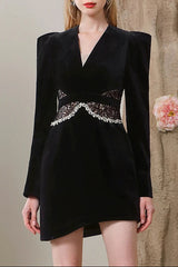 quintina black Lace V-Neck Asymmetry mini blazer dress