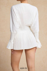 Pleated Bell Sleeve V-Neck Mini Dress in white