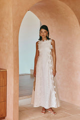 lace trim embroidery hollow midi dress in white