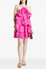 Caysie Halter Floral Ruffle Layered Mini Dress - Fuchsia