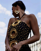 embellished cut out halter maxi dress in black